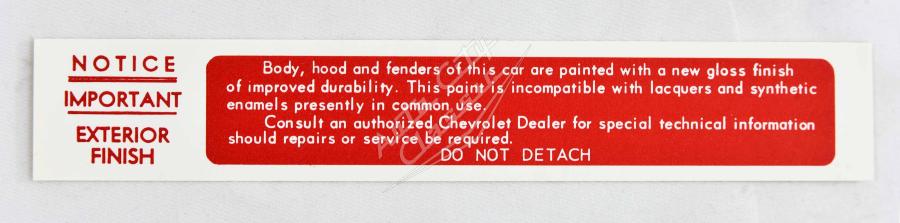 58 Chevrolet Passenger Cars Exterior Finish Firewall Lacquer Decal