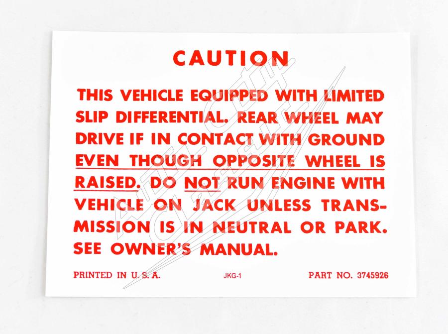 1957-1964 Chevrolet Passenger Cars Positraction Caution Sheet 58 Chevrolet Passenger Cars Positraction Caution Sticker
