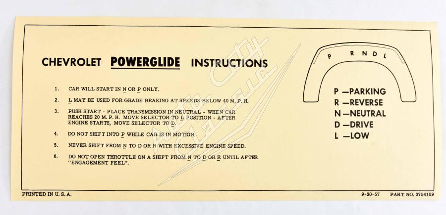 58 Chevrolet Powerglide Transmission Operation Instructions