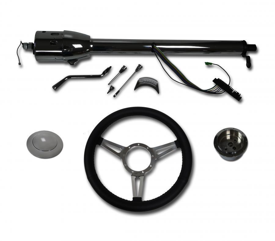 30" Street / Hot Rod Chrome Stainless Column Shift Tilt Steering Column with 3 Spoke GT Wheel Kit SC7002C-SPKBLK