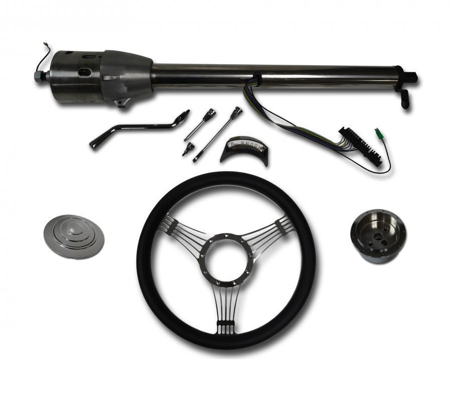 30" Street / Hot Rod Stainless Floor Shift Tilt Steering Column with Banjo Wheel Kit SC7006C/P-1411