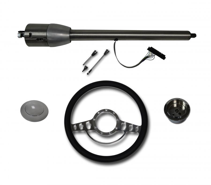 30" Street / Hot Rod Stainless Floor Shift Tilt Steering Column with Impala Wheel Kit SC7006C/P-1412