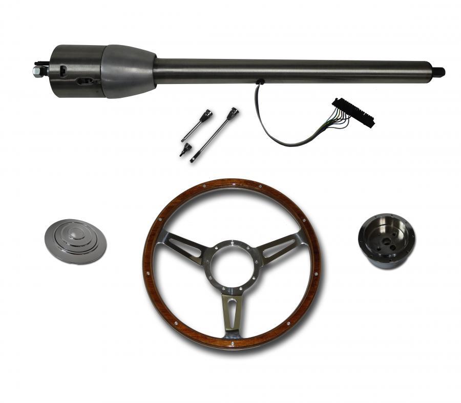 32" Street / Hot Rod Stainless Floor Shift Tilt Steering Column with Woody Wheel Kit SC7007C/P-1430W/1530W