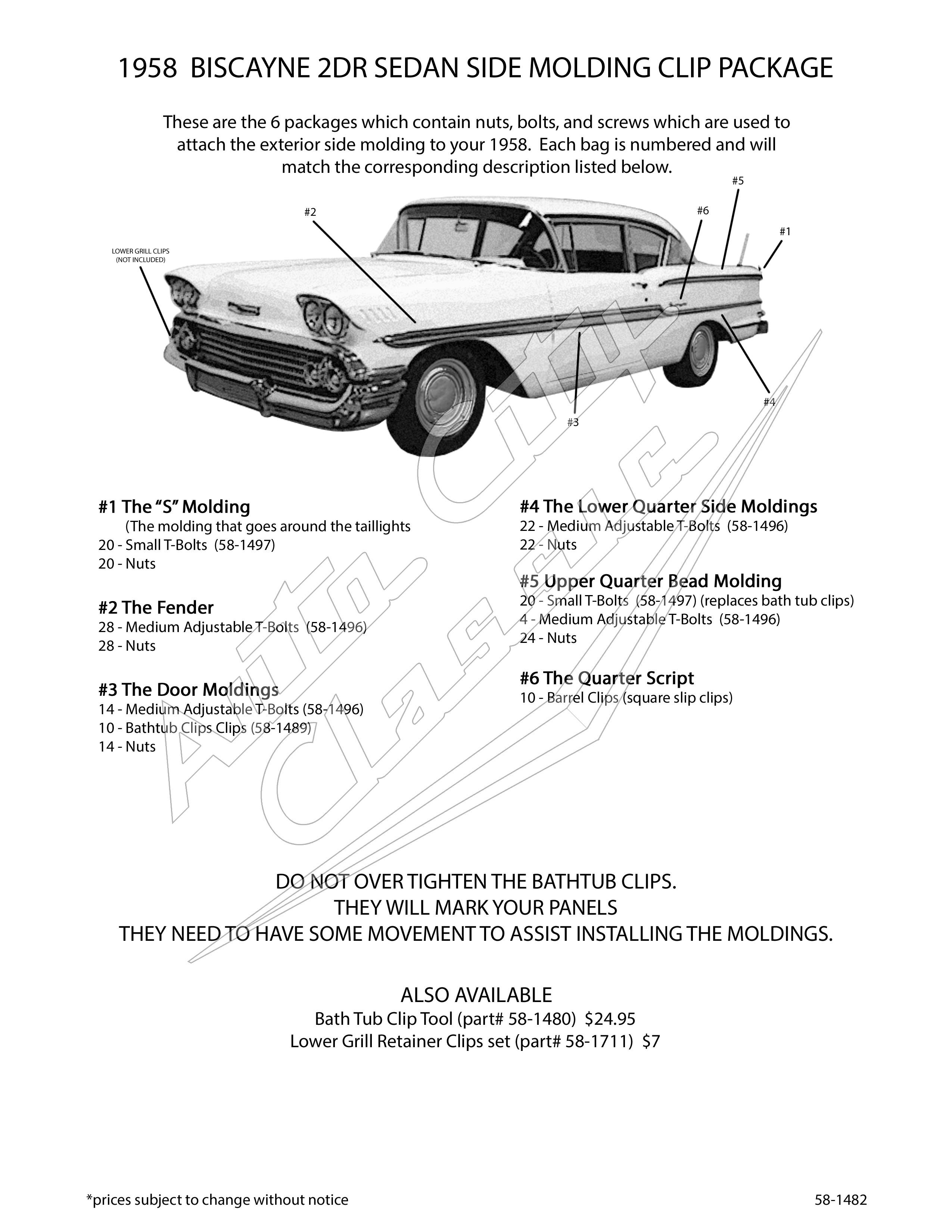 58 Chevrolet Biscayne 2 Door Sedan Side Molding Clip Set