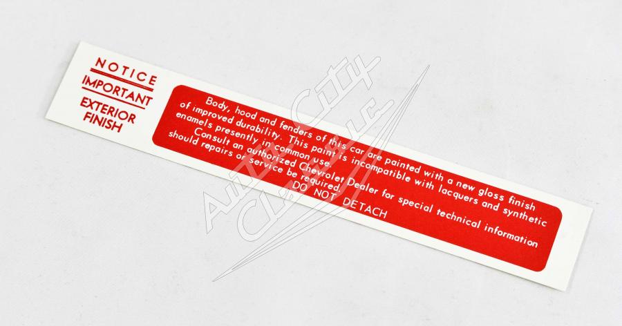 58 Chevrolet Passenger Cars Exterior Finish Firewall Lacquer Decal