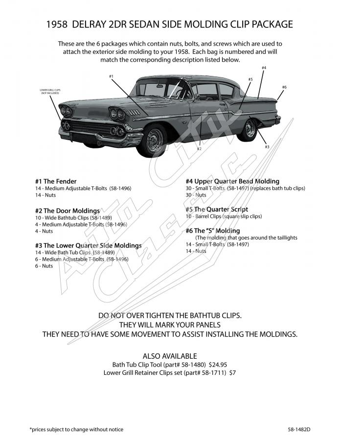 58 Chevrolet Del Ray 2 Door Sedan Side Molding Clip Set